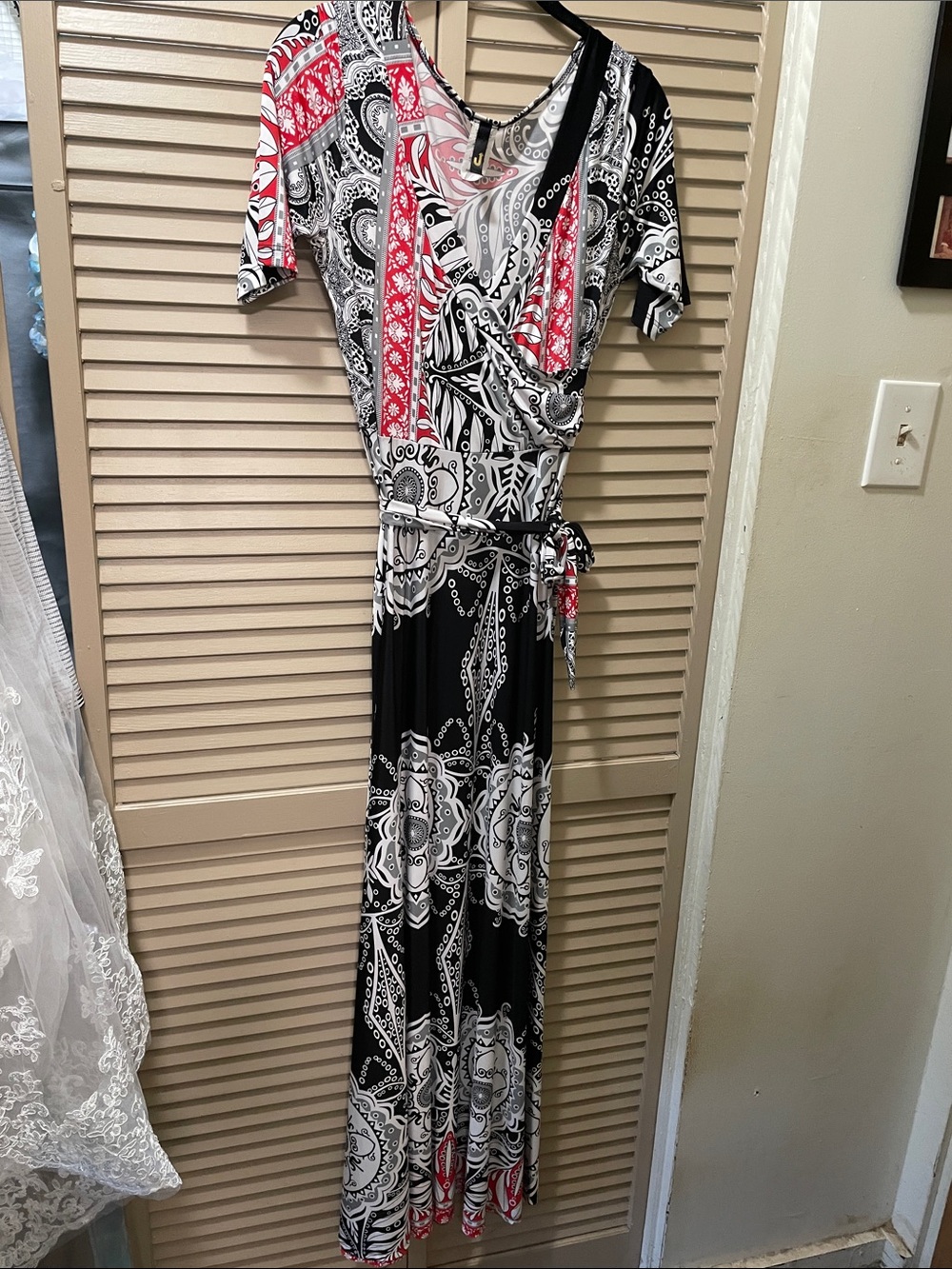 Paisley Wrap Maxi Dress in Black, White & Red